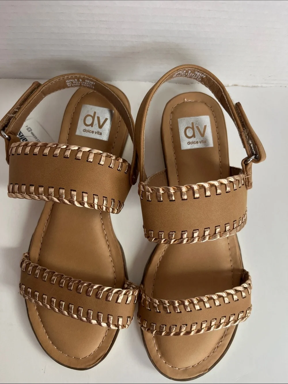 DV Dolce Vita Demy Girls Whipstitch Size 3 Wedge Low Cork Heel Tan Sandals